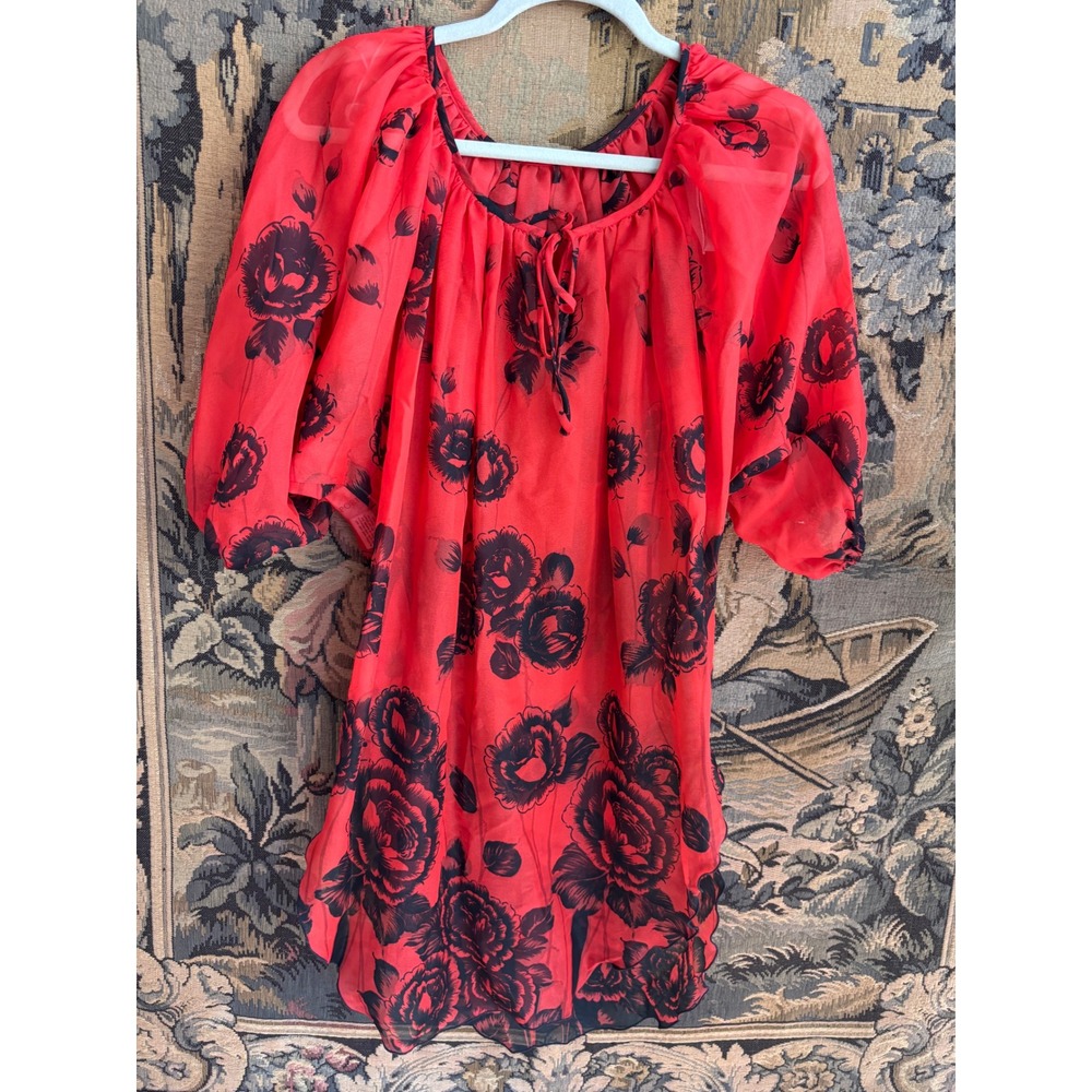 Vintage 70s 80s Tori Richard Honolulu Liberty House Red Black Rose Tunic Top